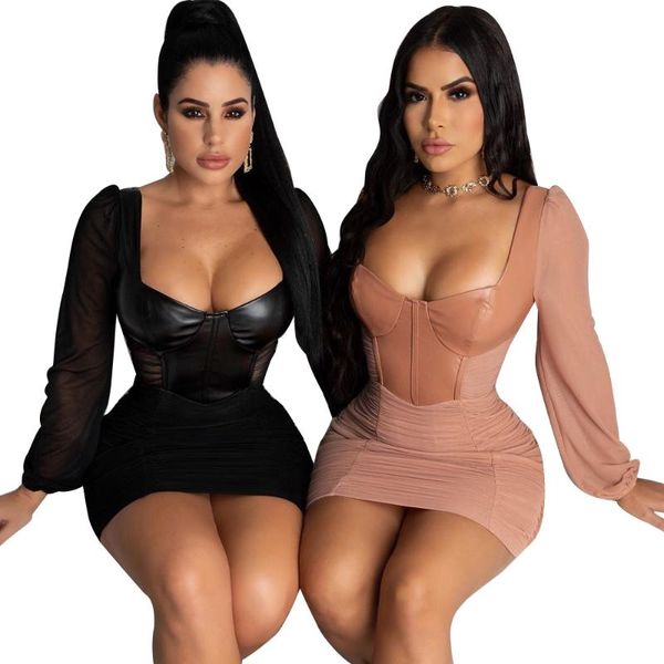 new fashion bandage leather long sleeve patchwork dresses women, Black;gray
new fashion bandage leather long sleeve patchwork dresses women, Black;gray