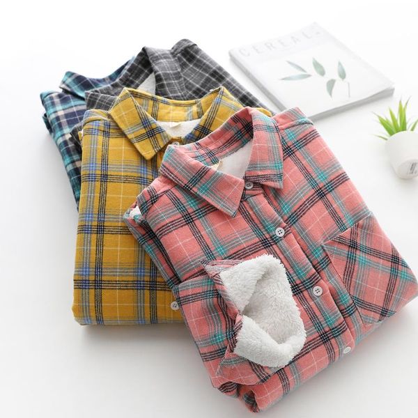 women's blouses & shirts autumn winter plus velvet women korean turn-down collar long sleeve plaid loose warm cotton basic for female, White
women's blouses & shirts autumn winter plus velvet women korean turn-down collar long sleeve plaid loose warm cotton basic for female, White