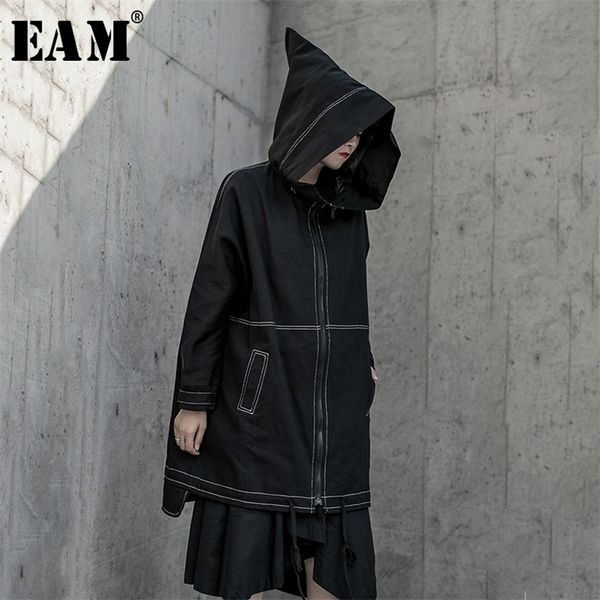 

[eam] women black big size ling split trench new hooded long sleeve loose fit windbreaker fashion spring autumn 19a-a813 201031, Tan;black