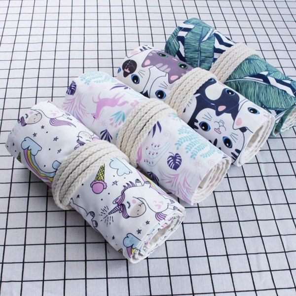 36 48 72 Holes Canvas Pencil Case Cute Cat Art Pen Bag Pouch Wrap Roll Makeup Cosmetic Brush Pen Storage Stationery Student Gift