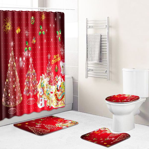 

merry christmas bathroom shower curtain waterproof toilet seat cover 4pcs set water absorption doormats home rugs non-slip mat