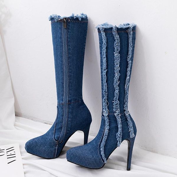 2020 women stiletto denim mid calf boots block 12cm high heels fetish boots stripper winter cowboy western tassel platform shoes, Black
2020 women stiletto denim mid calf boots block 12cm high heels fetish boots stripper winter cowboy western tassel platform shoes, Black