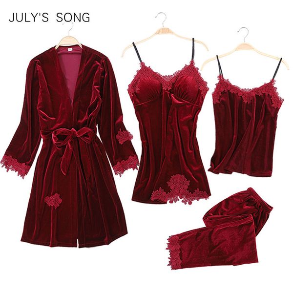 july's song 2019 gold velvet 4 pieces warm winter pajamas sets women lace robe pajamas sleepwear kit sleeveless nightwear y200708, Black;red
july's song 2019 gold velvet 4 pieces warm winter pajamas sets women lace robe pajamas sleepwear kit sleeveless nightwear y200708, Black;red