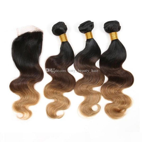 three tone color 1b 4 27 brown blonde ombre body wave human hair extensions 3 bundles with 4*4 lace closure 4pcs lot, Black
three tone color 1b 4 27 brown blonde ombre body wave human hair extensions 3 bundles with 4*4 lace closure 4pcs lot, Black
