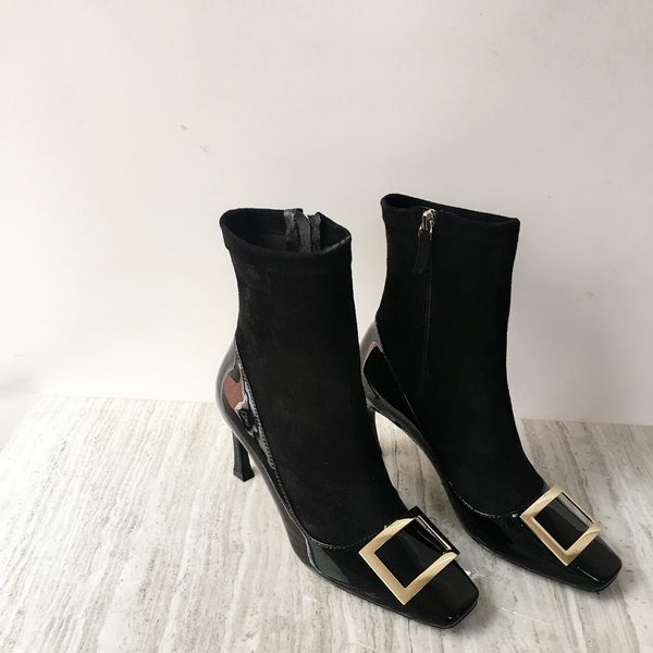 womens fur winter boots stretch knit leather surface and metal square buckle design firmati ankle booties, Black
womens fur winter boots stretch knit leather surface and metal square buckle design firmati ankle booties, Black
