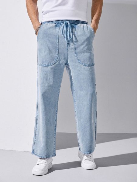 men drawstring waist slant pocket jeans f6jj#, Blue