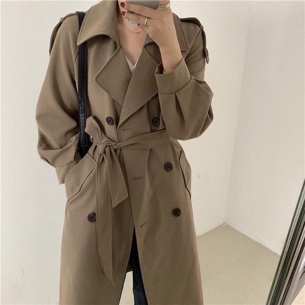 women's trench coats korean vintage coat turn-down collar fashion solid loose 2021 women versatile casual long elegant drop, Tan;black
women's trench coats korean vintage coat turn-down collar fashion solid loose 2021 women versatile casual long elegant drop, Tan;black