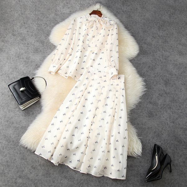 european and american women's clothing 2021 new style for spring printed shirt long sleeves bow tie pleated skirt fashion suits, White
european and american women's clothing 2021 new style for spring printed shirt long sleeves bow tie pleated skirt fashion suits, White