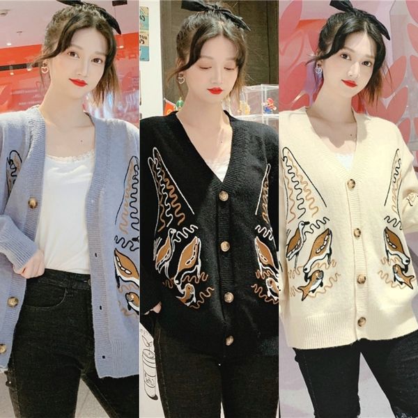 rysv8 autumn and winter new coat women's heavy work embroidery bird v-neck knitted cardigan women's loose lazy style sweater coat, White;black
rysv8 autumn and winter new coat women's heavy work embroidery bird v-neck knitted cardigan women's loose lazy style sweater coat, White;black