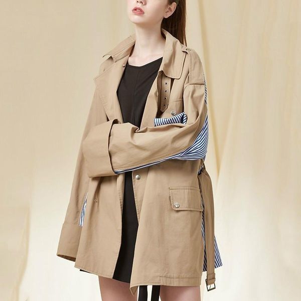 women's trench coats 2021 spring fashion lapel pockets buttons bandag long sleeve back blue striped patchwork women coat, Tan;black
women's trench coats 2021 spring fashion lapel pockets buttons bandag long sleeve back blue striped patchwork women coat, Tan;black