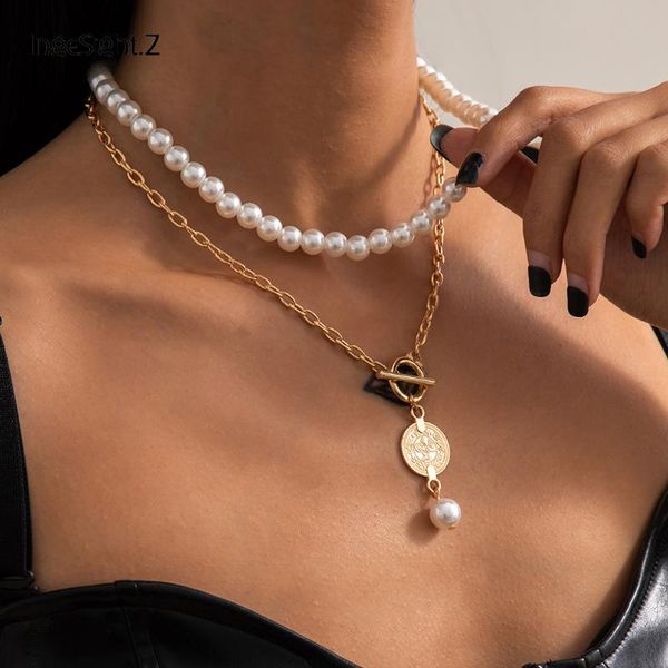 ingesight.z 2pcs/set retro imitation pearl choker necklace women multi layered carved coin lasso clasp pendant necklaces jewelry, Silver 
ingesight.z 2pcs/set retro imitation pearl choker necklace women multi layered carved coin lasso clasp pendant necklaces jewelry, Silver