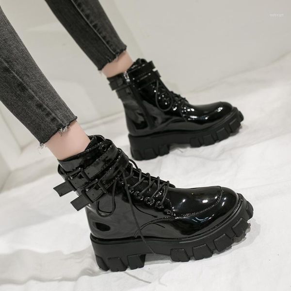 boots matte&japanned leather british buckle belt riding women platform shoes chunky high heels short lace up botas mujer1, Black
boots matte&japanned leather british buckle belt riding women platform shoes chunky high heels short lace up botas mujer1, Black