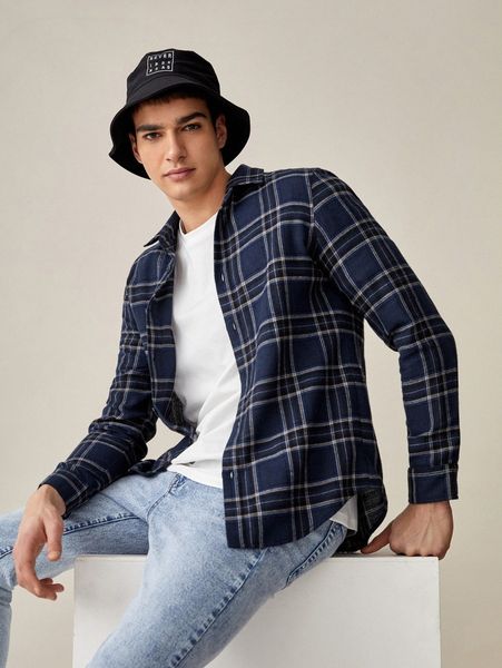 men tartan button front shirt a65v#, White;black 
men tartan button front shirt a65v#, White;black