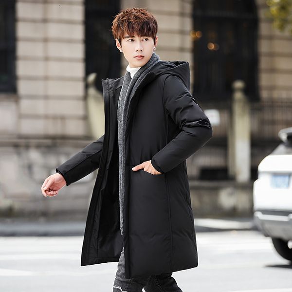 2020 winter new men's slim solid color korean fashion medium length hooded white down jaet, Black
2020 winter new men's slim solid color korean fashion medium length hooded white down jaet, Black