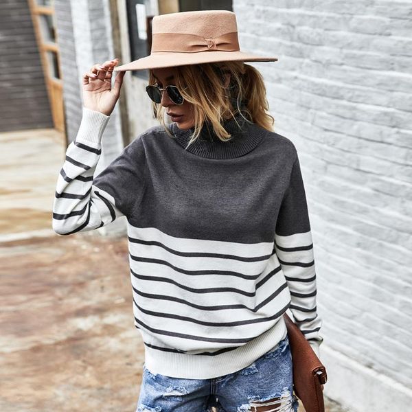 women's sweaters autumn/winter turtleneck striped sweater long sleeve loose-fitting pullover for women, White;black
women's sweaters autumn/winter turtleneck striped sweater long sleeve loose-fitting pullover for women, White;black
