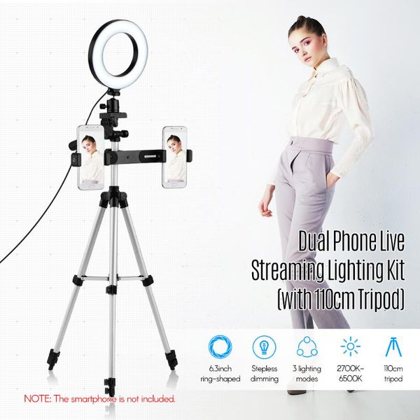 6.3inch 2700k~6500k bi-color dimmable usb ring video light +110cm portable tabletripod+dual-phone holder+bt remote control 
6.3inch 2700k~6500k bi-color dimmable usb ring video light +110cm portable tabletripod+dual-phone holder+bt remote control