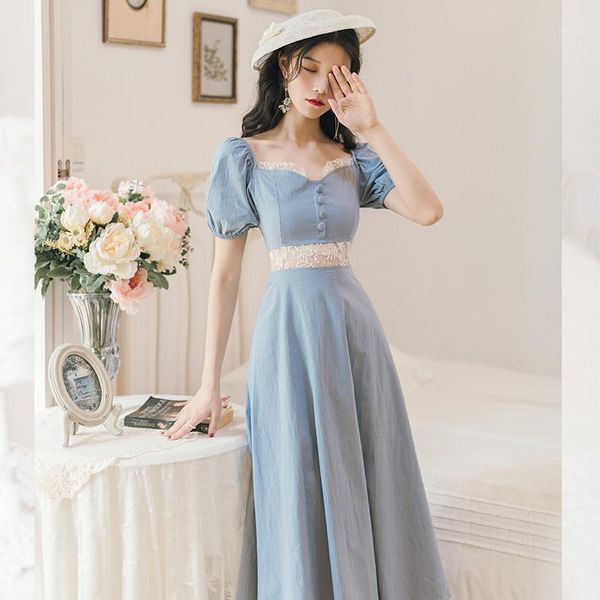 coigarsam french style women dress vintage puff sleeve dresses blue y10901, Black;gray
coigarsam french style women dress vintage puff sleeve dresses blue y10901, Black;gray
