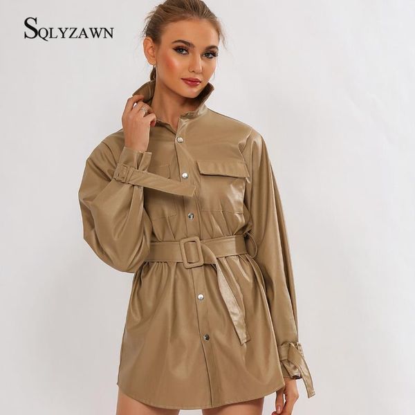 spring women khaki leather jacket dress medium length slim faux pu leather coats elegant button tie belt waist pockets outfits1, Black;brown
spring women khaki leather jacket dress medium length slim faux pu leather coats elegant button tie belt waist pockets outfits1, Black;brown