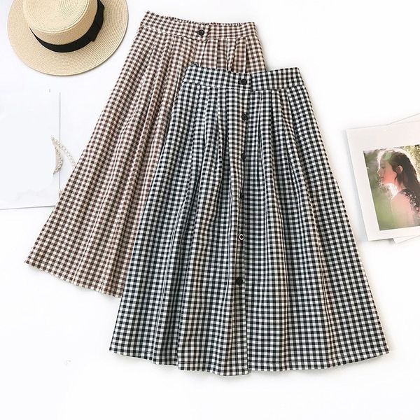 women vintage midi skirts spring summer plaid loose skirt female button a-line skirts, Black
women vintage midi skirts spring summer plaid loose skirt female button a-line skirts, Black