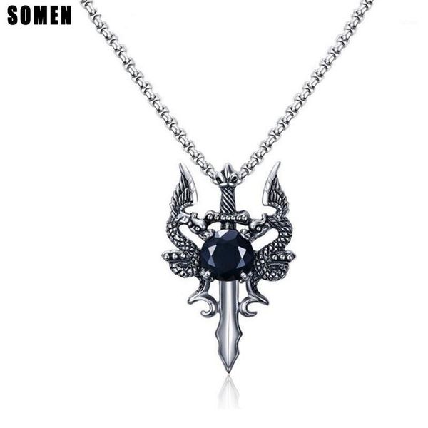 44cm silver color men's black zircon double dragon sword stainless steel pendant with chain vintage style1
44cm silver color men's black zircon double dragon sword stainless steel pendant with chain vintage style1