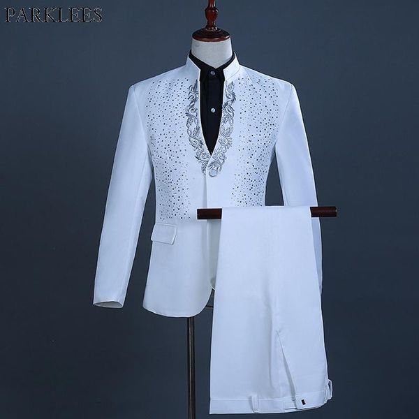 2 pieces white one button gold embroidery diamond suit men brand stand collar slim fit wedding groom mens suits with pants terno, White;black 
2 pieces white one button gold embroidery diamond suit men brand stand collar slim fit wedding groom mens suits with pants terno, White;black