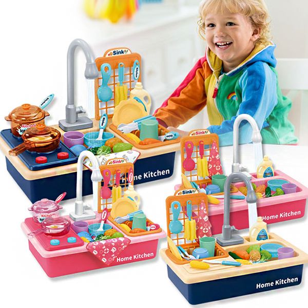 Kids Plastic Simulation Electric Dishwasher Sink Pretend Play Kitchen Toys With Electric Water Wash Basin Kit For Children Gifts