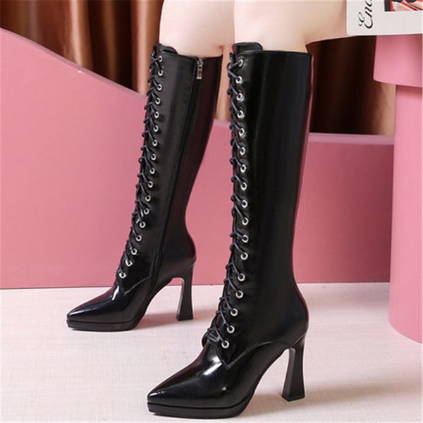 new woman 2021 autumn lace up women's leather knee toe pointed super ten in high heels boots des3, Black
new woman 2021 autumn lace up women's leather knee toe pointed super ten in high heels boots des3, Black