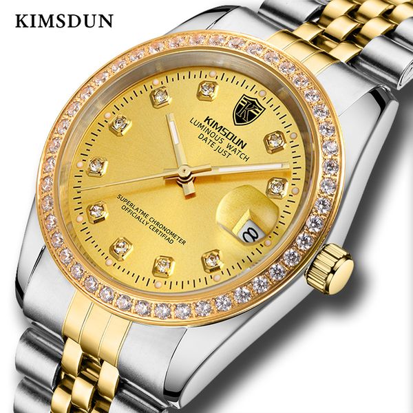 kimsdun men's automatic mechanical golden diamond date display stainless steel watch luxury business waterproof relogio, Slivery;brown 
kimsdun men's automatic mechanical golden diamond date display stainless steel watch luxury business waterproof relogio, Slivery;brown