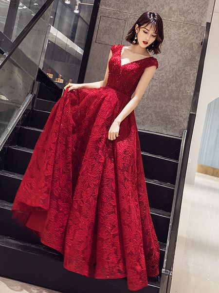 long evening dresses cap sleeves lace sequins prom dress elegant beading embroidery formal gowns vestidos de gala ladies gown, Black;red
long evening dresses cap sleeves lace sequins prom dress elegant beading embroidery formal gowns vestidos de gala ladies gown, Black;red