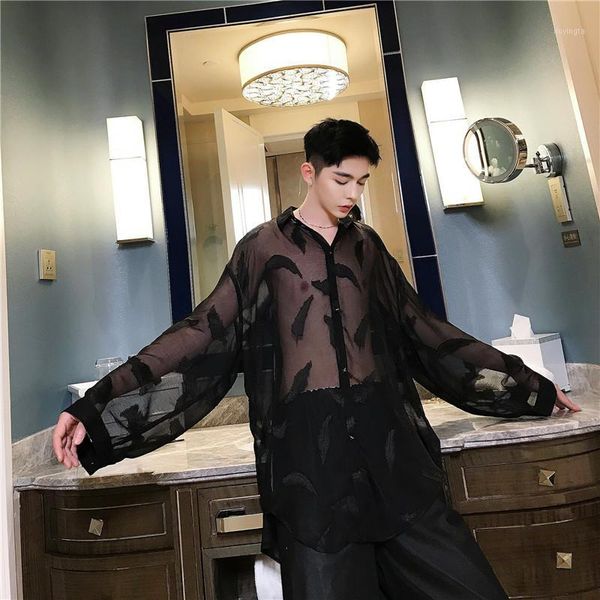 xxlchiffon clothes trend male singer nightclub stage performance clothing personality translucent perspective clothes shirt t1, White;black 
xxlchiffon clothes trend male singer nightclub stage performance clothing personality translucent perspective clothes shirt t1, White;black