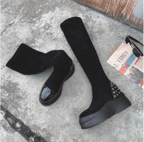 2020 autumn and winter boots slope heel increase high boots elastic boots, Black