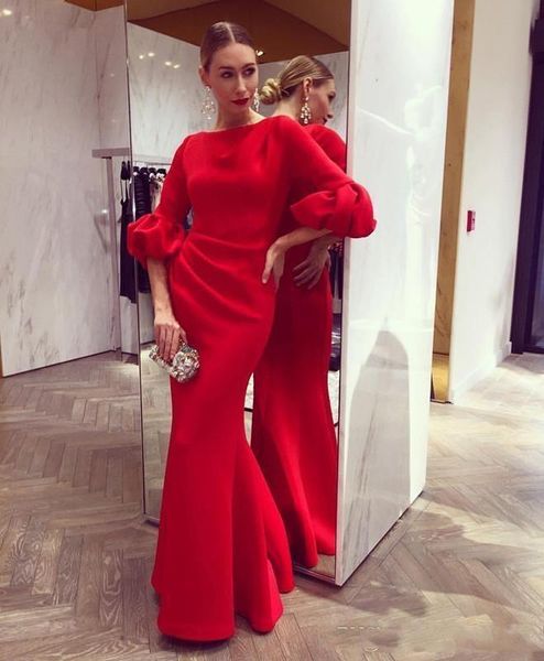 red long mermaid evening dresses with half sleeves jewel neck prom party gowns celebrity red carpet dresses robes de soiree