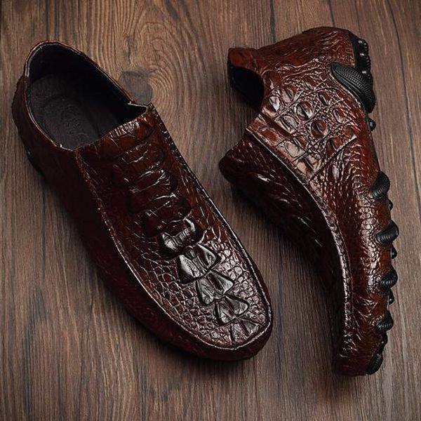 2020 crocodile pattern genuine leather cowhide male dress shoes round toe slip on fleece linging mens flat shoes, Black