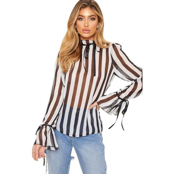 women's blouses & shirts 2021 women half high collar pagoda sleeve vertical stripe see-through chiffon blouse for female fall clothing, White
women's blouses & shirts 2021 women half high collar pagoda sleeve vertical stripe see-through chiffon blouse for female fall clothing, White