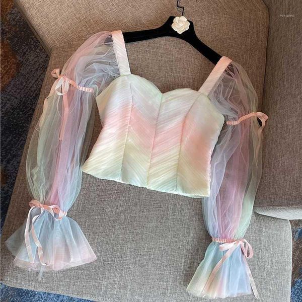 high street 2020 fashion designer blouse women's square collar gauze patchwork crop blouse, White
high street 2020 fashion designer blouse women's square collar gauze patchwork crop blouse, White