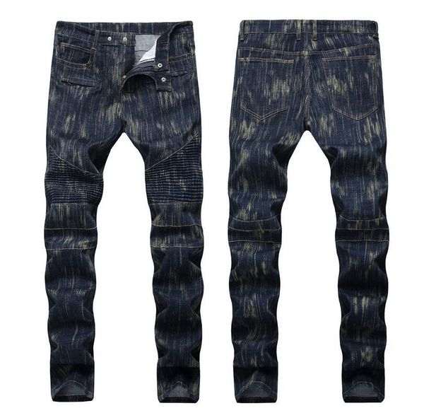 

men's creases hit color straight leg jeans fashion designer hole jeans causal denim zip creases style jeans qkn1388, Blue
