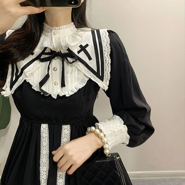 japanese kawaii midi girly bow-up slobbering korean dress new 2021 female autumn nav4, Black;gray