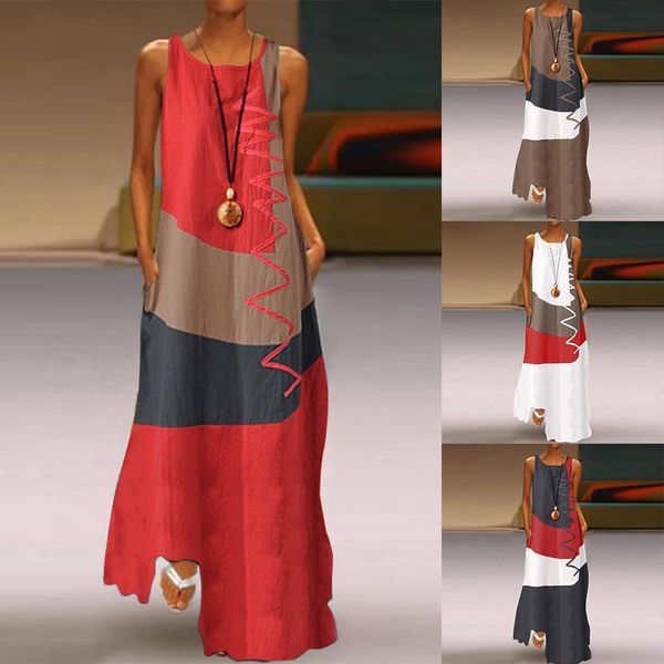 2021 vintage color stitching maxi dress women's summer sundress casual sleeveless tank vestidos female o neck robe femme, Black;gray 
2021 vintage color stitching maxi dress women's summer sundress casual sleeveless tank vestidos female o neck robe femme, Black;gray
