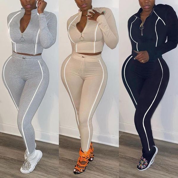 autumn winter 2 piece set fitness tracksuit women long sleeve zipper crop leggings reflective striped sportswear outfits, Gray 
autumn winter 2 piece set fitness tracksuit women long sleeve zipper crop leggings reflective striped sportswear outfits, Gray