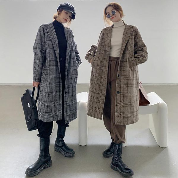 women's wool & blends korean loose woolen plaid padded coat women vintage england single breasted long winter fashion turn-down collar, Black
women's wool & blends korean loose woolen plaid padded coat women vintage england single breasted long winter fashion turn-down collar, Black