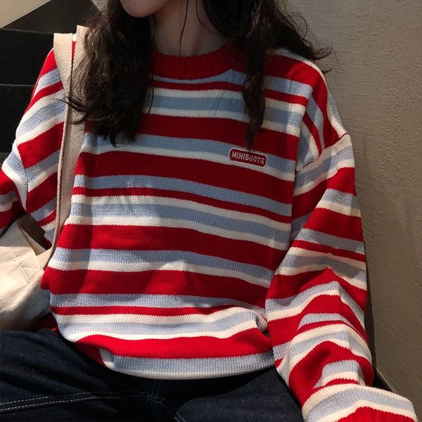 women's clothing cute kawaii retro lazy ins embroidery letters loose striped sweater lady harajuku ulzzang sweaters for women y200910, White;black
women's clothing cute kawaii retro lazy ins embroidery letters loose striped sweater lady harajuku ulzzang sweaters for women y200910, White;black