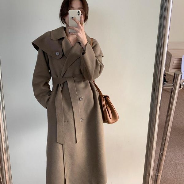 women's wool & blends 2021 korean style autumn winter elegant fashion double breasted long coat with sashes cloak manteau two-way wear, Black
women's wool & blends 2021 korean style autumn winter elegant fashion double breasted long coat with sashes cloak manteau two-way wear, Black