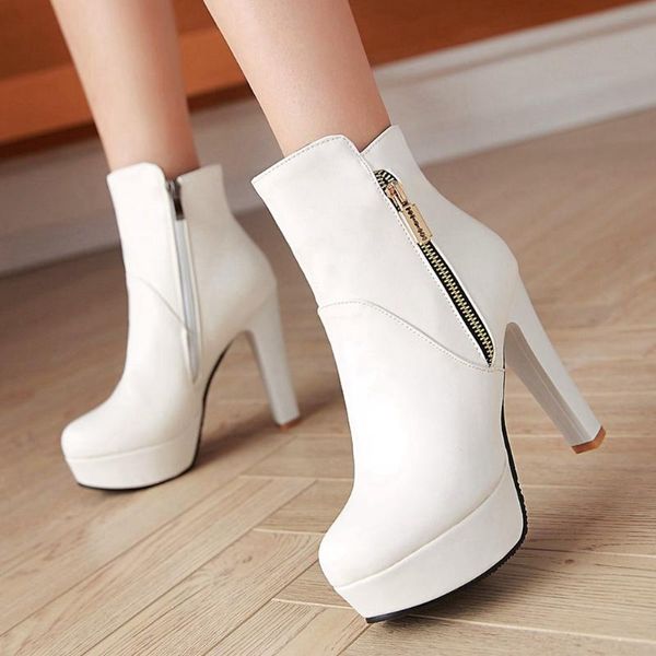 high heels platform zipper plus size 45 elegant office lady women shoes female ankle boots, Black