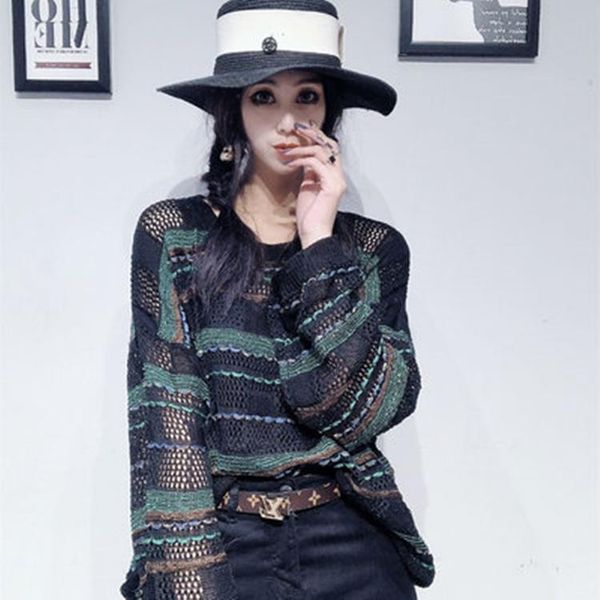 women's sweaters european station early autumn 2021 striped korean version of loose hedging lazy wind hollow thin long-sleeved sweater, White;black
women's sweaters european station early autumn 2021 striped korean version of loose hedging lazy wind hollow thin long-sleeved sweater, White;black