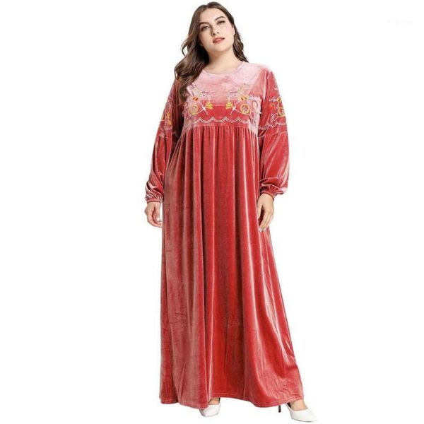 

plus size arab muslim dress o neck embroidery high waist long lantern sleeve pleuche long dress abaya dubai kaftan pink xxxl 4xl1, Red