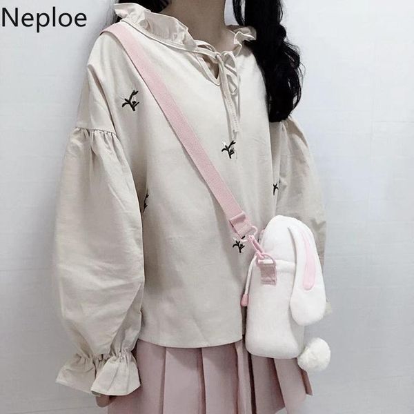 women's blouses & shirts neploe sweet lace up ruffles collar blouse long flare sleeve pullover shirt 2021 autumn winter korean blusas w, White
women's blouses & shirts neploe sweet lace up ruffles collar blouse long flare sleeve pullover shirt 2021 autumn winter korean blusas w, White