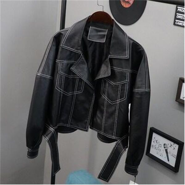 2021 new spring leather black female red turndown collar outwear jacket kmk0