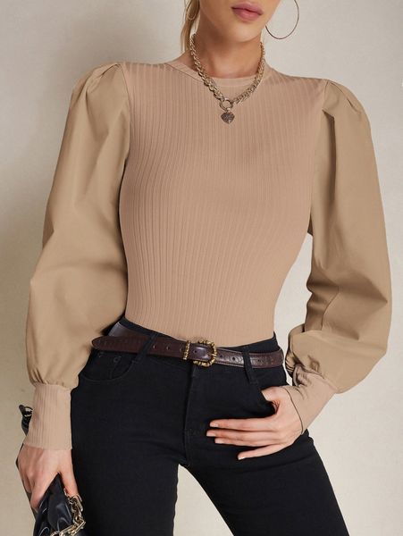 puff sleeve ribbed knit 78xd#, White