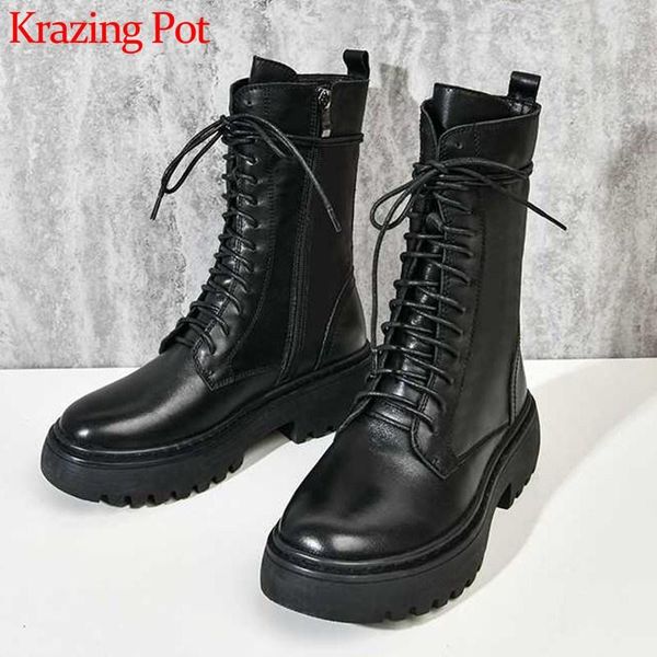 krazing pot simple fashion lace up genuine leather motorcycles boots round toe thick bottom women winter cozy mid-calf boots l97, Black
krazing pot simple fashion lace up genuine leather motorcycles boots round toe thick bottom women winter cozy mid-calf boots l97, Black