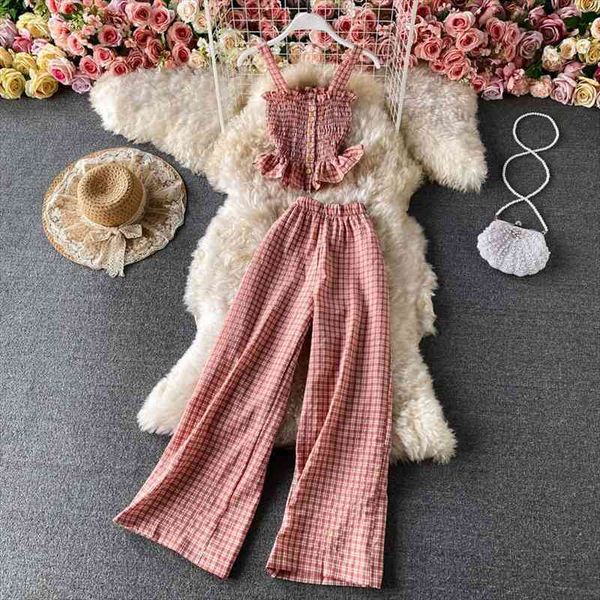 ladies fashion plaid two piece suit camisole slim and wide leg pants summer casual vintage women set korean, White
ladies fashion plaid two piece suit camisole slim and wide leg pants summer casual vintage women set korean, White
